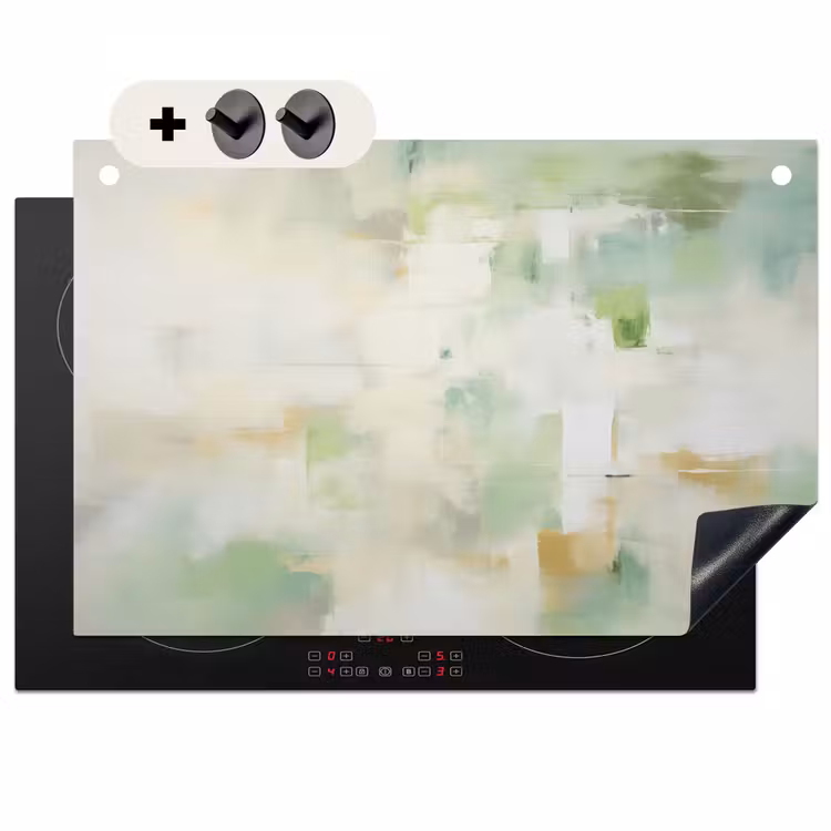 2-in-1 Herdabdeckplatte & Spritzschutz - Abstrakt - Kunst - Weiß - Grün - Modern - Abstract - Kunst - Wit - Groen - Modern Inductie beschemer met haakjes klein