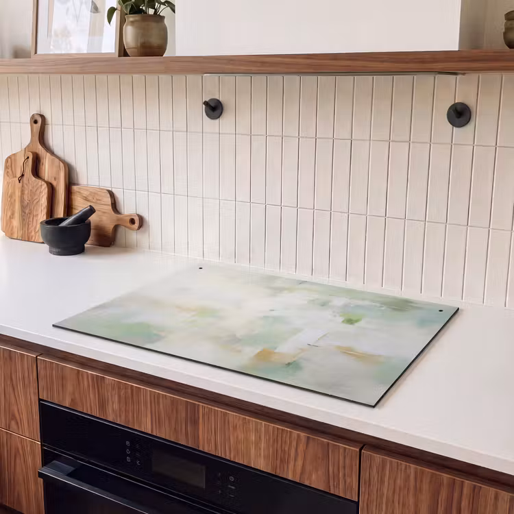 2-in-1 Herdabdeckplatte & Spritzschutz - Abstrakt - Kunst - Weiß - Grün - Modern - Abstract - Kunst - Wit - Groen - Modern Inductie beschemer met haakjes klein