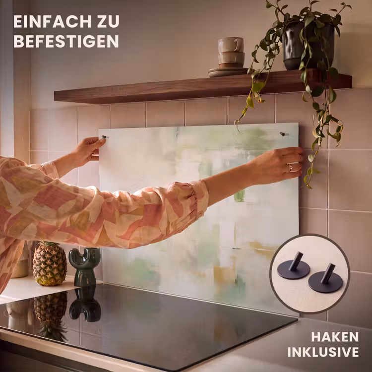 2-in-1 Herdabdeckplatte & Spritzschutz - Abstrakt - Kunst - Weiß - Grün - Modern - Abstract - Kunst - Wit - Groen - Modern Inductie beschemer met haakjes klein