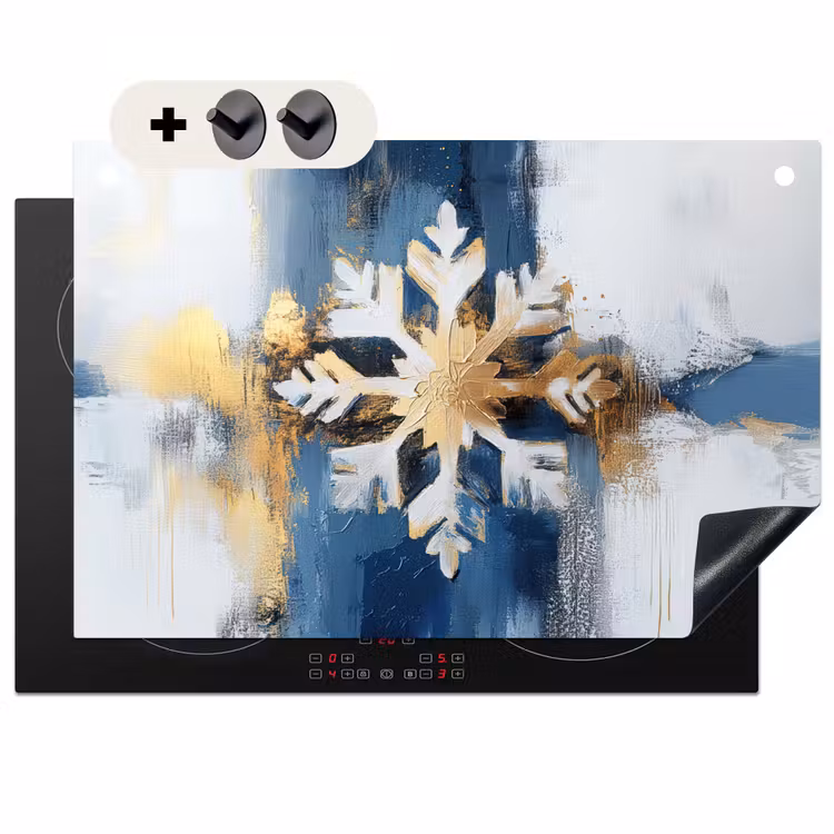 2-in-1 Herdabdeckplatte & Spritzschutz - Abstrakt - Winter - Schneeflocke - Schnee - Gold - Abstract - Winter - Sneeuwvlok - Sneeuw - Goud Inductie beschemer met haakjes klein