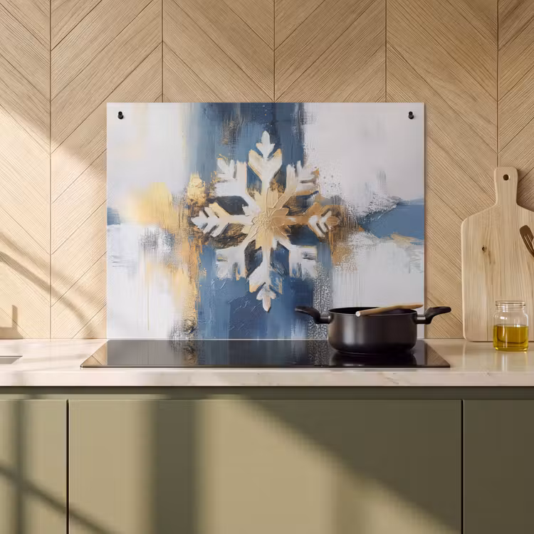 2-in-1 Herdabdeckplatte & Spritzschutz - Abstrakt - Winter - Schneeflocke - Schnee - Gold - Abstract - Winter - Sneeuwvlok - Sneeuw - Goud Inductie beschemer met haakjes klein
