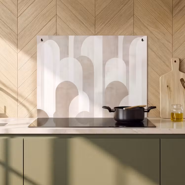 2-in-1 Herdabdeckplatte & Spritzschutz - Abstrakte Bögen - Modern - Beige - Abstracte bogen - Modern - Beige Inductie beschemer met haakjes klein