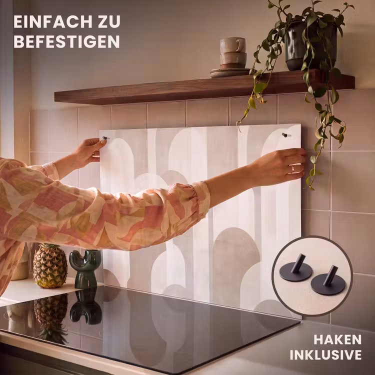 2-in-1 Herdabdeckplatte & Spritzschutz - Abstrakte Bögen - Modern - Beige - Abstracte bogen - Modern - Beige Inductie beschemer met haakjes klein