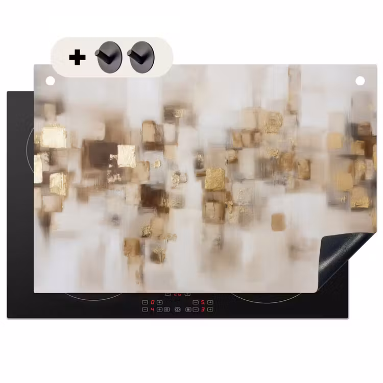 2-in-1 Herdabdeckplatte & Spritzschutz - Abstrakte Quadrate - Erdtöne - Neblig - Abstracte vierkanten - Aardetonen - Mistig Inductie beschemer met haakjes klein