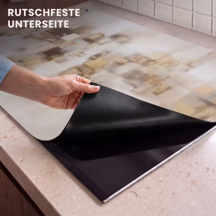 2-in-1 Herdabdeckplatte & Spritzschutz - Abstrakte Quadrate - Erdtöne - Neblig - Abstracte vierkanten - Aardetonen - Mistig Inductie beschemer met haakjes klein