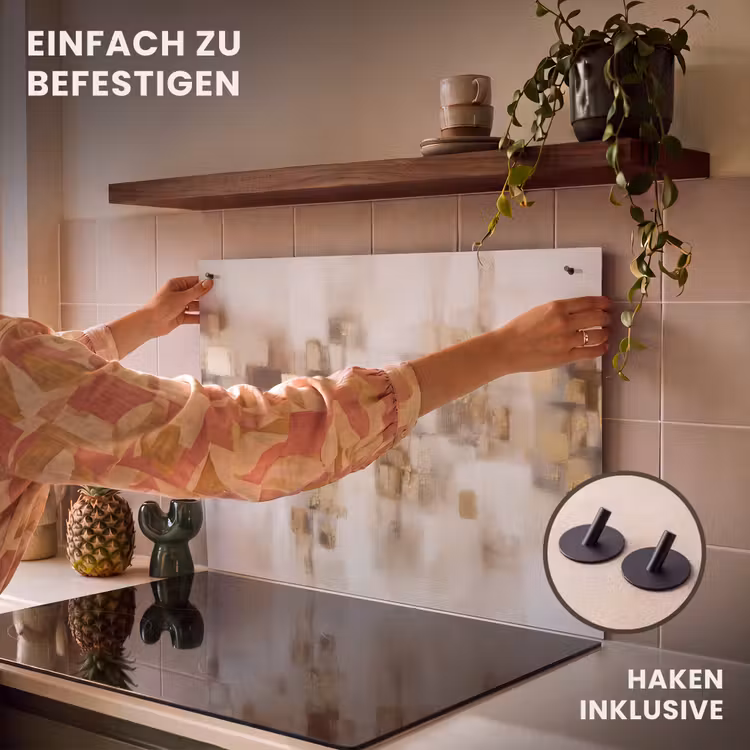 2-in-1 Herdabdeckplatte & Spritzschutz - Abstrakte Quadrate - Erdtöne - Neblig - Abstracte vierkanten - Aardetonen - Mistig Inductie beschemer met haakjes klein
