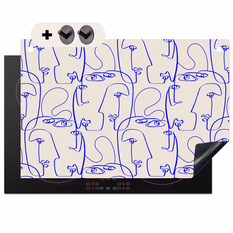 2-in-1 Herdabdeckplatte & Spritzschutz - all-patterns-artboardsbl-16 - Gezicht - Blauw - Lijnen - Beige Inductie beschemer met haakjes klein 777
