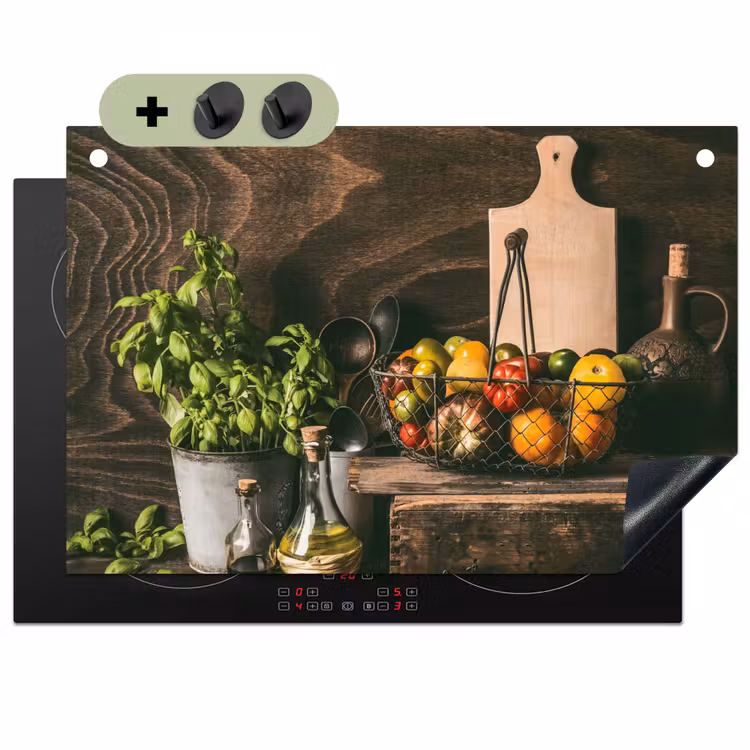 2-in-1 Herdabdeckplatte & Spritzschutz - Aromen der mediterranen Küche - Aroma's van het Mediterrane Keuken Inductie beschemer met haakjes klein