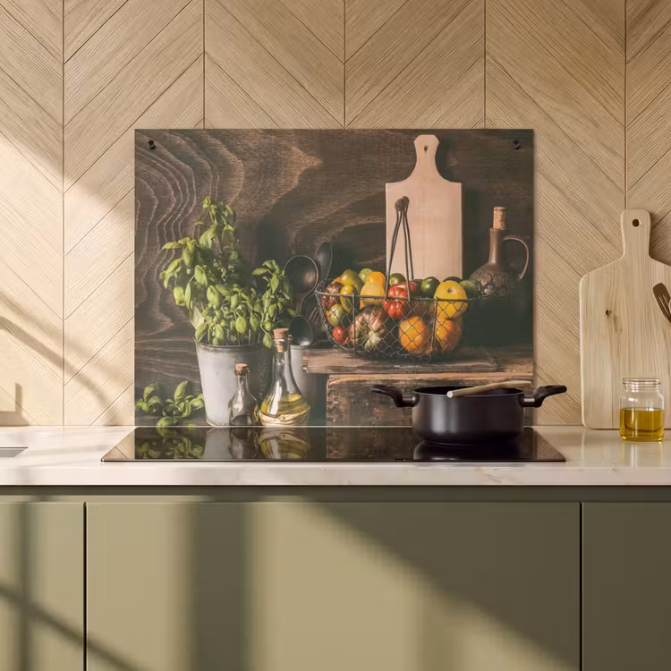 2-in-1 Herdabdeckplatte & Spritzschutz - Aromen der mediterranen Küche - Aroma's van het Mediterrane Keuken Inductie beschemer met haakjes klein