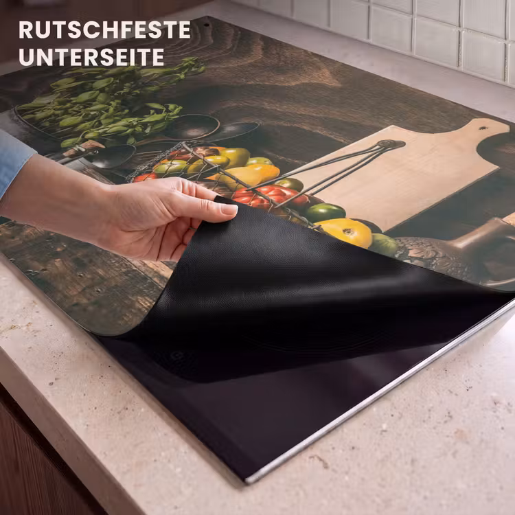 2-in-1 Herdabdeckplatte & Spritzschutz - Aromen der mediterranen Küche - Aroma's van het Mediterrane Keuken Inductie beschemer met haakjes klein