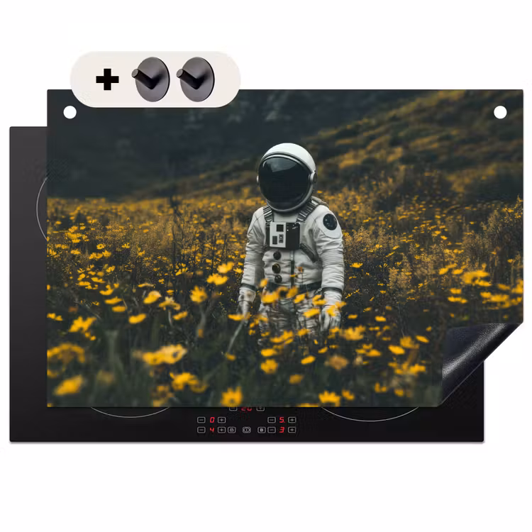2-in-1 Herdabdeckplatte & Spritzschutz - Astronaut - Blumen - Feld - Gelb - Astronaut - Bloemen - Veld - Geel Inductie beschemer met haakjes klein