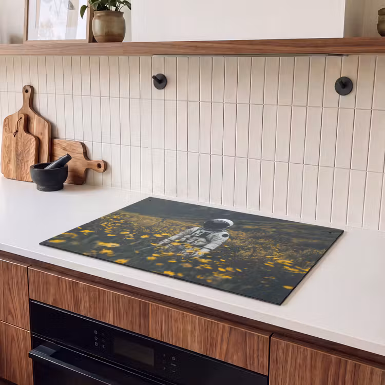 2-in-1 Herdabdeckplatte & Spritzschutz - Astronaut - Blumen - Feld - Gelb - Astronaut - Bloemen - Veld - Geel Inductie beschemer met haakjes klein