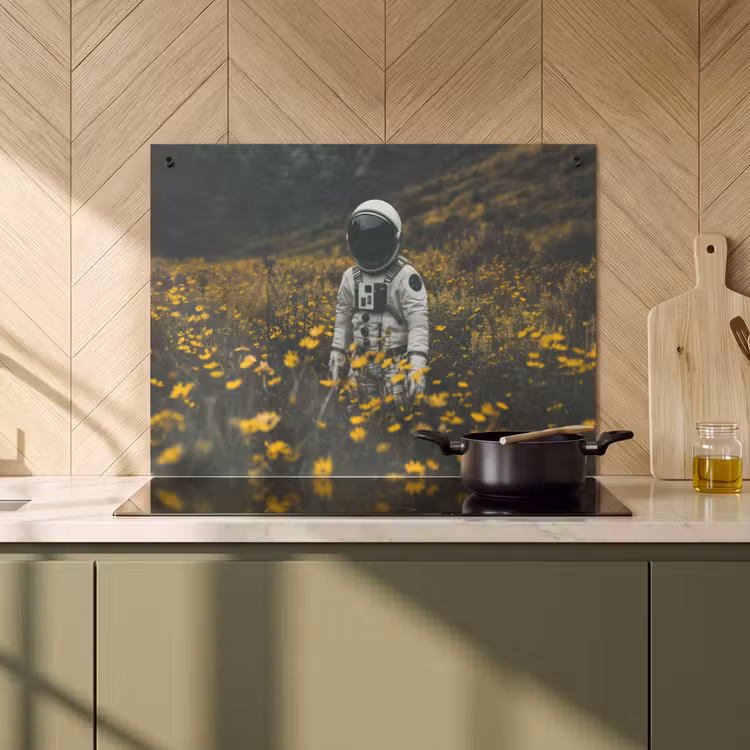 2-in-1 Herdabdeckplatte & Spritzschutz - Astronaut - Blumen - Feld - Gelb - Astronaut - Bloemen - Veld - Geel Inductie beschemer met haakjes klein