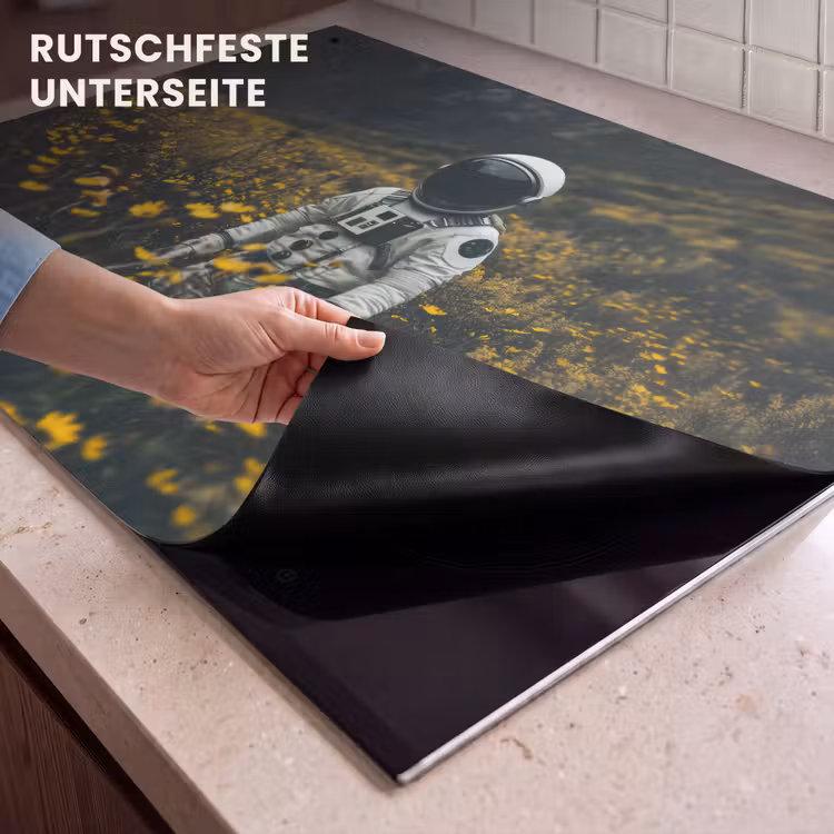 2-in-1 Herdabdeckplatte & Spritzschutz - Astronaut - Blumen - Feld - Gelb - Astronaut - Bloemen - Veld - Geel Inductie beschemer met haakjes klein