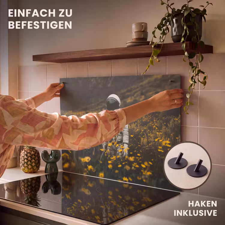 2-in-1 Herdabdeckplatte & Spritzschutz - Astronaut - Blumen - Feld - Gelb - Astronaut - Bloemen - Veld - Geel Inductie beschemer met haakjes klein