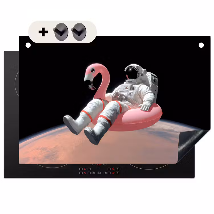 2-in-1 Herdabdeckplatte & Spritzschutz - Astronaut - Flamingo - Schwimmband - Rosa - Astronaut - Flamingo - Zwemband - Roze Inductie beschemer met haakjes klein