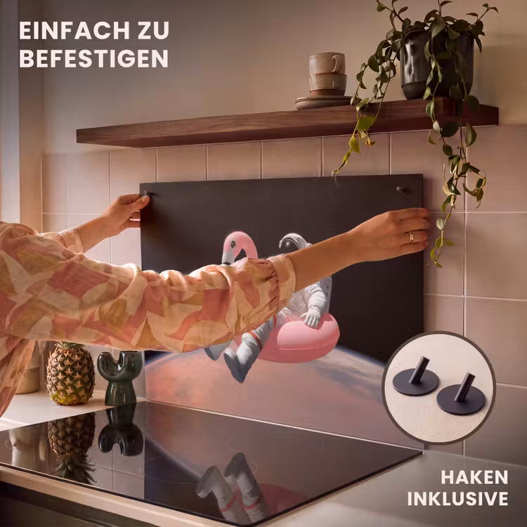 2-in-1 Herdabdeckplatte & Spritzschutz - Astronaut - Flamingo - Schwimmband - Rosa - Astronaut - Flamingo - Zwemband - Roze Inductie beschemer met haakjes klein