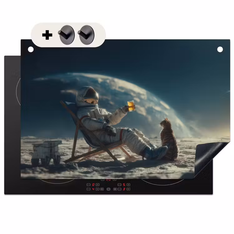 2-in-1 Herdabdeckplatte & Spritzschutz - Astronaut - Katze - Glas - Stuhl - Astronaut - Kat - Glas - Stoel Inductie beschemer met haakjes klein