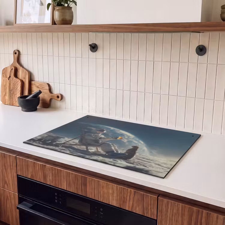 2-in-1 Herdabdeckplatte & Spritzschutz - Astronaut - Katze - Glas - Stuhl - Astronaut - Kat - Glas - Stoel Inductie beschemer met haakjes klein