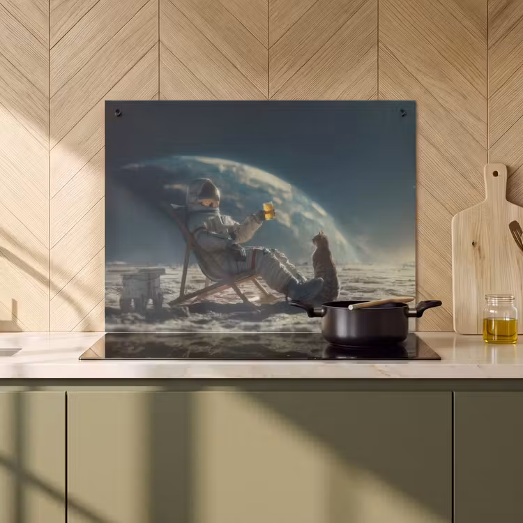 2-in-1 Herdabdeckplatte & Spritzschutz - Astronaut - Katze - Glas - Stuhl - Astronaut - Kat - Glas - Stoel Inductie beschemer met haakjes klein