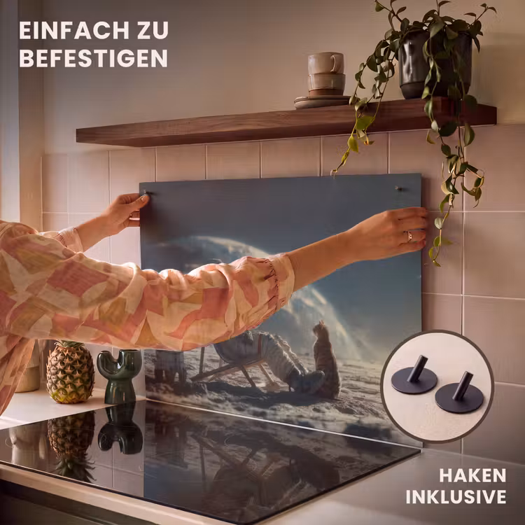 2-in-1 Herdabdeckplatte & Spritzschutz - Astronaut - Katze - Glas - Stuhl - Astronaut - Kat - Glas - Stoel Inductie beschemer met haakjes klein