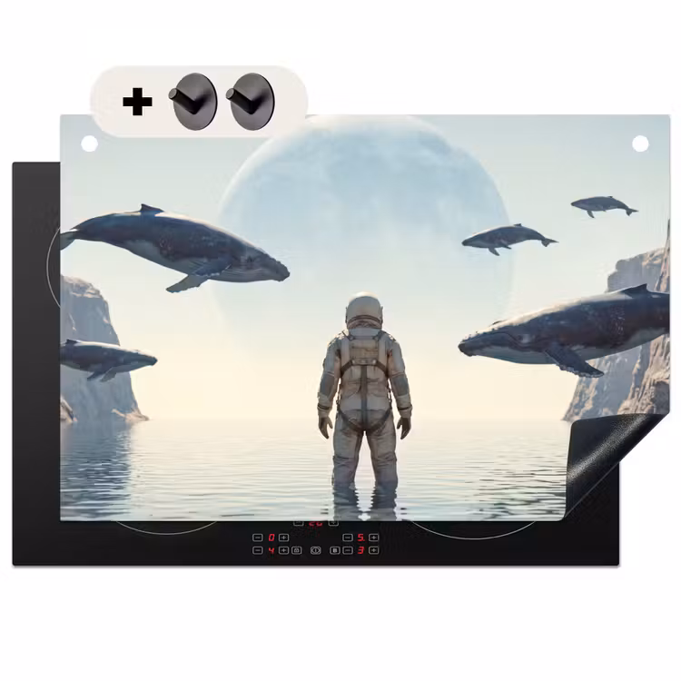 2-in-1 Herdabdeckplatte & Spritzschutz - Astronaut – Wal – Fantasie - Ruimtevaarder - Walvis - Fantasie Inductie beschemer met haakjes klein