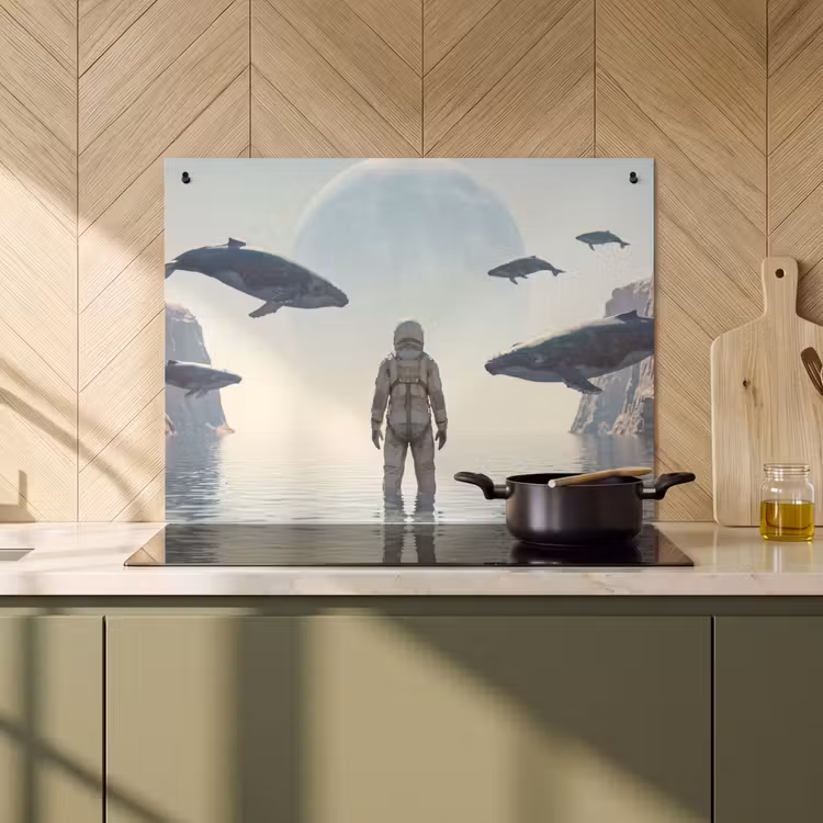 2-in-1 Herdabdeckplatte & Spritzschutz - Astronaut – Wal – Fantasie - Ruimtevaarder - Walvis - Fantasie Inductie beschemer met haakjes klein