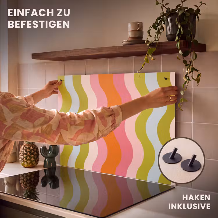 2-in-1 Herdabdeckplatte & Spritzschutz - Bahnen - Wellen - Bunt - Vertikal - Banen - Golven - Kleurrijk - Verticaal Inductie beschemer met haakjes klein