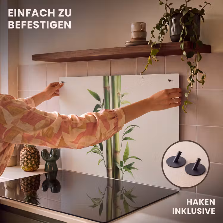 2-in-1 Herdabdeckplatte & Spritzschutz - Bambusstämme - Zierpflanzen - Grün - Bamboestengels - Sierlijk - Groen Inductie beschemer met haakjes klein