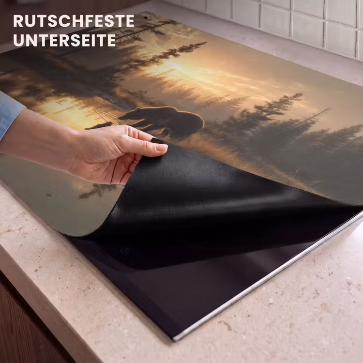 2-in-1 Herdabdeckplatte & Spritzschutz - Bär - Wasser - Wald - Morgenlicht - Beer - water - Bos - Ochtendlicht Inductie beschemer met haakjes klein