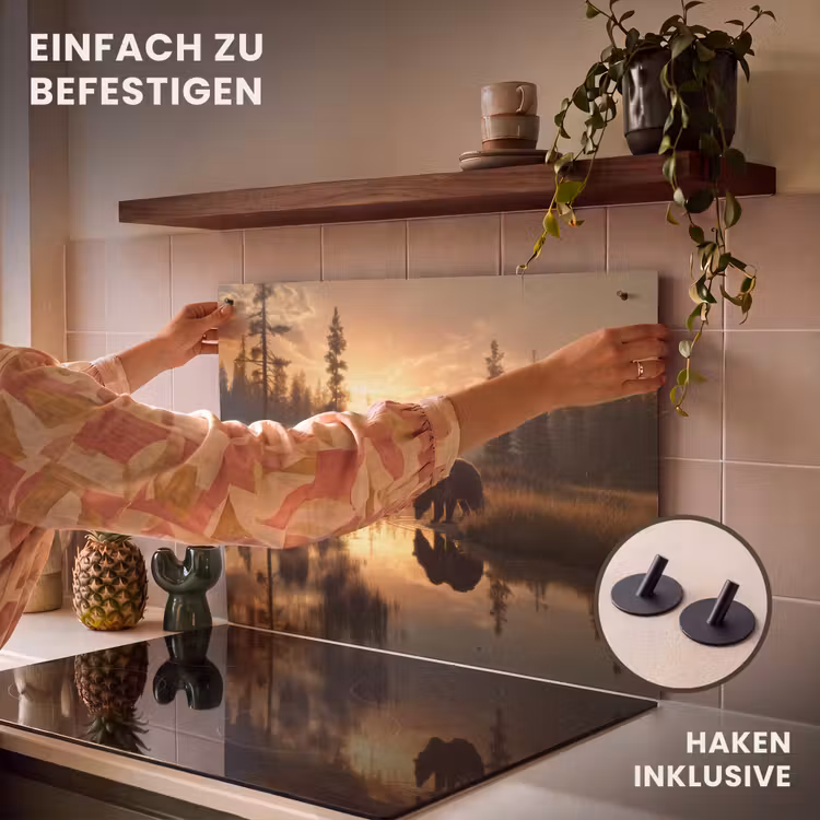 2-in-1 Herdabdeckplatte & Spritzschutz - Bär - Wasser - Wald - Morgenlicht - Beer - water - Bos - Ochtendlicht Inductie beschemer met haakjes klein