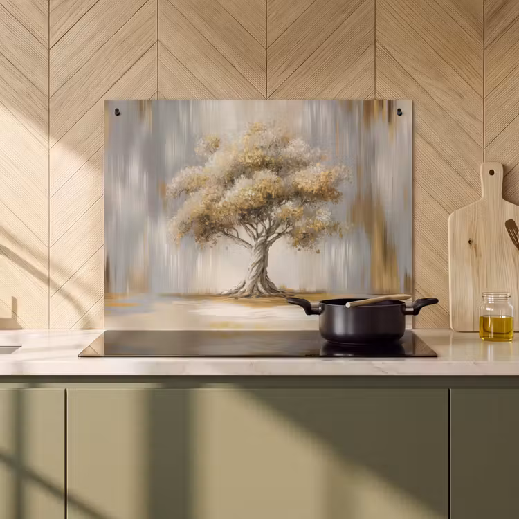 2-in-1 Herdabdeckplatte & Spritzschutz - Baum - Blätter - Abstrakt - Weiß - Boom - Bladeren - Abstract - Wit Inductie beschemer met haakjes klein