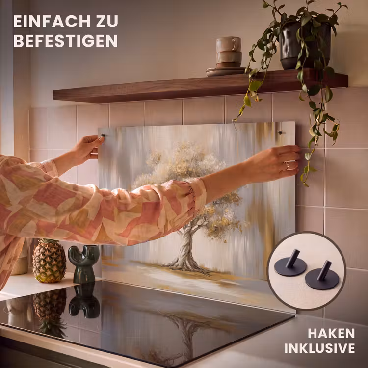 2-in-1 Herdabdeckplatte & Spritzschutz - Baum - Blätter - Abstrakt - Weiß - Boom - Bladeren - Abstract - Wit Inductie beschemer met haakjes klein