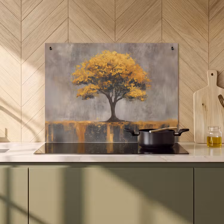 2-in-1 Herdabdeckplatte & Spritzschutz - Baum - Blätter - Gold - Abstrakt - Boom - Bladeren - Goud - Abstract Inductie beschemer met haakjes klein