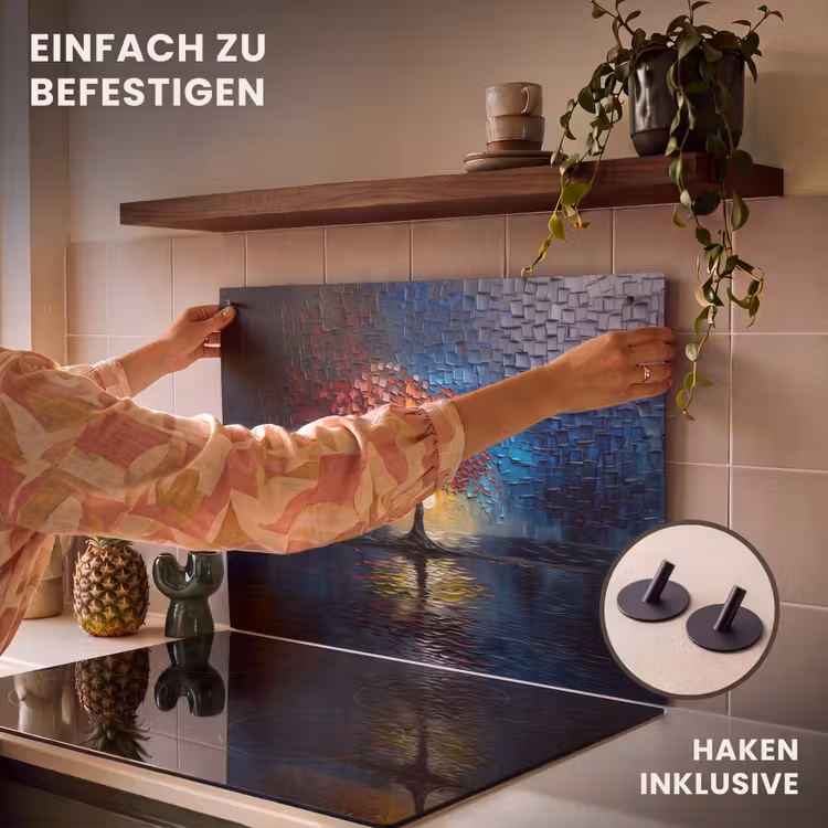 2-in-1 Herdabdeckplatte & Spritzschutz - Baum - Blau - Blätter - Boxen - Boom - Blauw - Bladeren - Vakken Inductie beschemer met haakjes klein