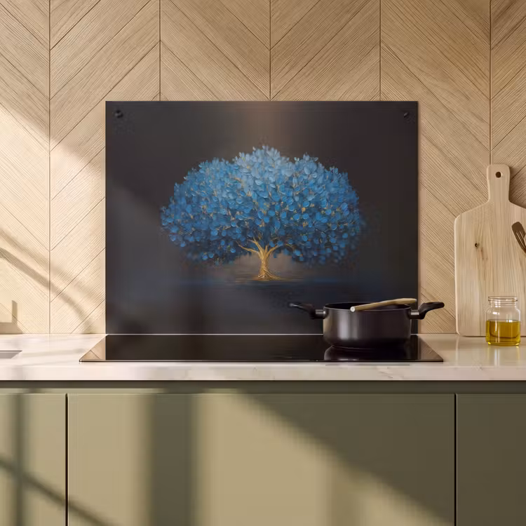2-in-1 Herdabdeckplatte & Spritzschutz - Baum - Blau - Blätter - Pinselstriche - Boom - Blauw - Bladeren - Penseelstreken Inductie beschemer met haakjes klein