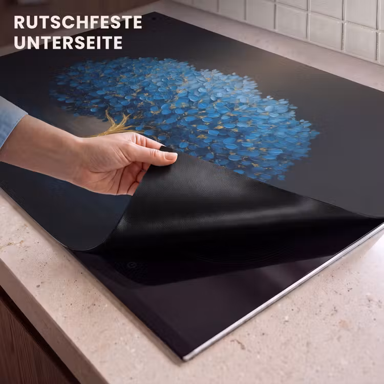 2-in-1 Herdabdeckplatte & Spritzschutz - Baum - Blau - Blätter - Pinselstriche - Boom - Blauw - Bladeren - Penseelstreken Inductie beschemer met haakjes klein