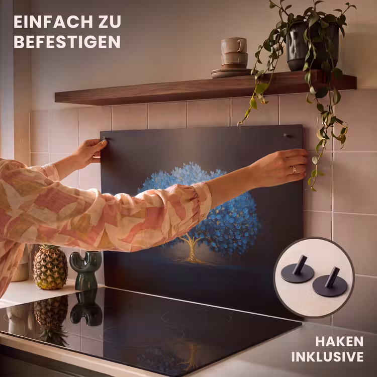 2-in-1 Herdabdeckplatte & Spritzschutz - Baum - Blau - Blätter - Pinselstriche - Boom - Blauw - Bladeren - Penseelstreken Inductie beschemer met haakjes klein