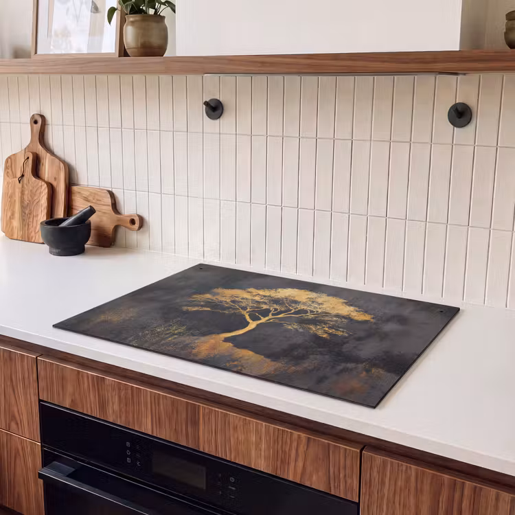 2-in-1 Herdabdeckplatte & Spritzschutz - Baum - Gemälde - Gold - Abstrakt - Boom - Schilderij - Goud - Abstract Inductie beschemer met haakjes klein