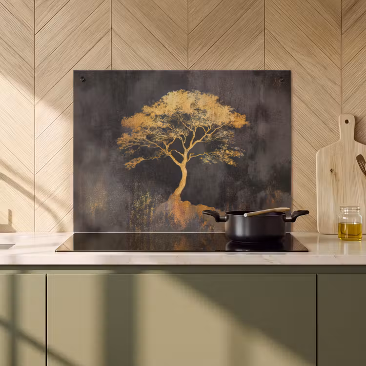 2-in-1 Herdabdeckplatte & Spritzschutz - Baum - Gemälde - Gold - Abstrakt - Boom - Schilderij - Goud - Abstract Inductie beschemer met haakjes klein