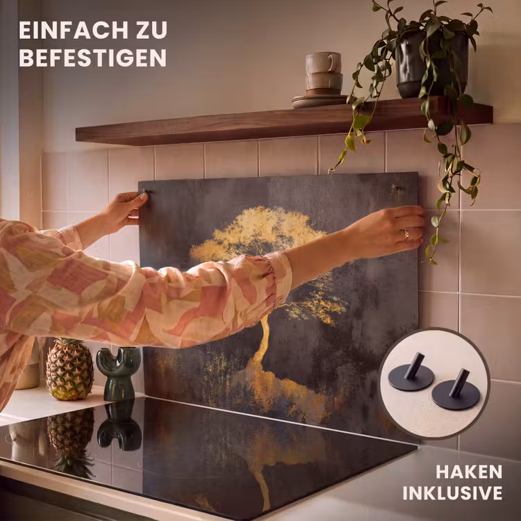 2-in-1 Herdabdeckplatte & Spritzschutz - Baum - Gemälde - Gold - Abstrakt - Boom - Schilderij - Goud - Abstract Inductie beschemer met haakjes klein
