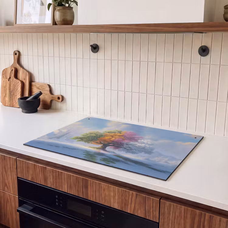 2-in-1 Herdabdeckplatte & Spritzschutz - Baum - Jahreszeiten - Winter - Landschaft - Boom - Seizoenen - Winter - Landschap Inductie beschemer met haakjes klein