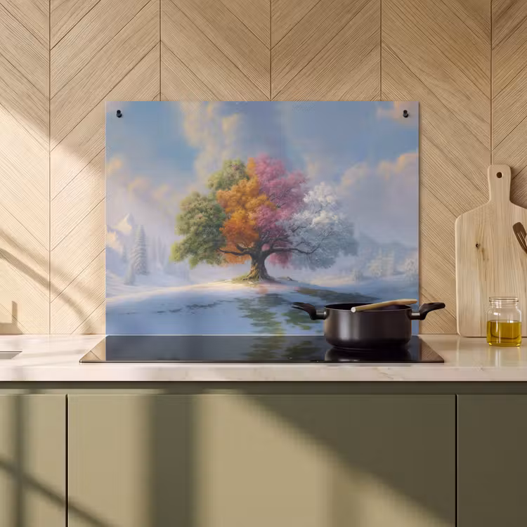 2-in-1 Herdabdeckplatte & Spritzschutz - Baum - Jahreszeiten - Winter - Landschaft - Boom - Seizoenen - Winter - Landschap Inductie beschemer met haakjes klein