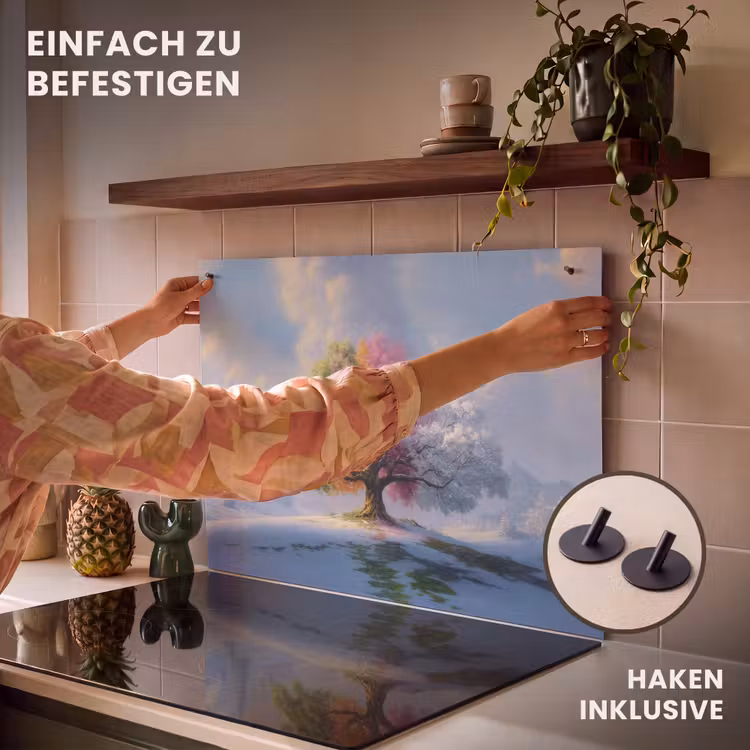 2-in-1 Herdabdeckplatte & Spritzschutz - Baum - Jahreszeiten - Winter - Landschaft - Boom - Seizoenen - Winter - Landschap Inductie beschemer met haakjes klein