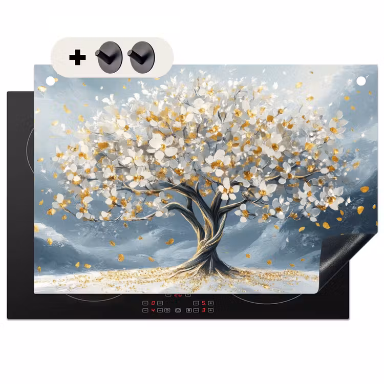 2-in-1 Herdabdeckplatte & Spritzschutz - Baum - Winter - Baum des Lebens - Modern - Gold - Boom - Winter - Levensboom - Modern - Goud Inductie beschemer met haakjes klein