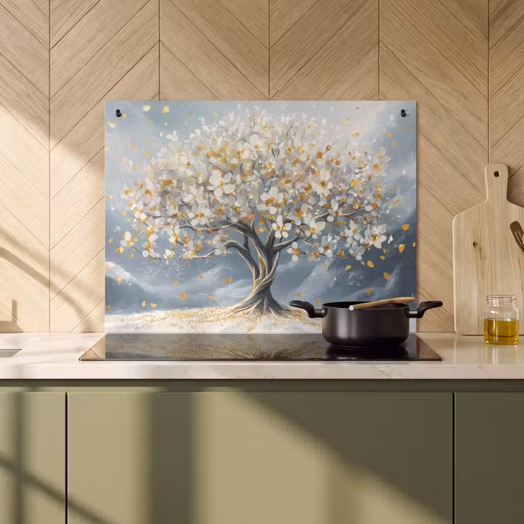 2-in-1 Herdabdeckplatte & Spritzschutz - Baum - Winter - Baum des Lebens - Modern - Gold - Boom - Winter - Levensboom - Modern - Goud Inductie beschemer met haakjes klein
