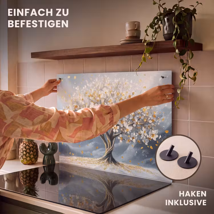 2-in-1 Herdabdeckplatte & Spritzschutz - Baum - Winter - Baum des Lebens - Modern - Gold - Boom - Winter - Levensboom - Modern - Goud Inductie beschemer met haakjes klein