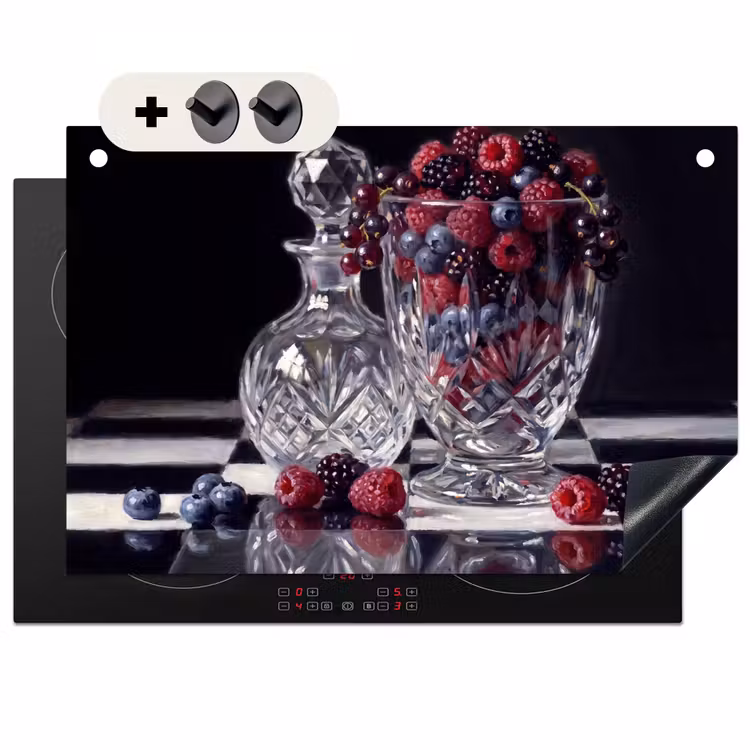 2-in-1 Herdabdeckplatte & Spritzschutz - Beeren – Kristall – Stillleben - Bessen - Kristal - Stilleven Inductie beschemer met haakjes klein
