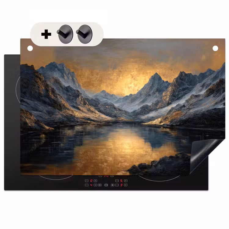 2-in-1 Herdabdeckplatte & Spritzschutz - Bergkulisse mit goldenem Sonnenuntergang - Berglandschap met Gouden Zonsondergang Inductie beschemer met haakjes klein
