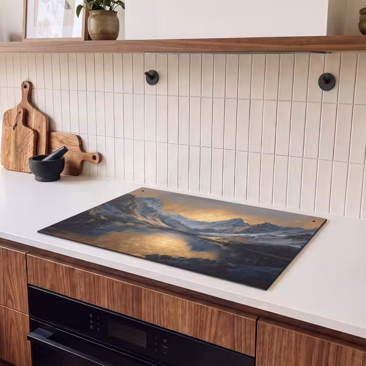2-in-1 Herdabdeckplatte & Spritzschutz - Bergkulisse mit goldenem Sonnenuntergang - Berglandschap met Gouden Zonsondergang Inductie beschemer met haakjes klein